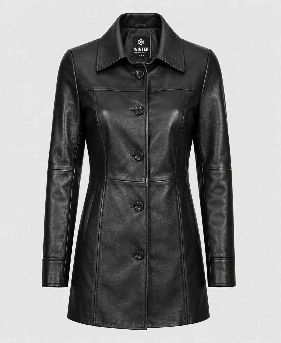 Women's Black Leather Long  Coat