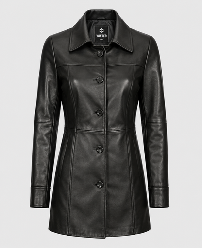Women's Black Leather Long  Coat