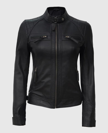 Women's Black Quilted Cafe Racer Leather Jacket