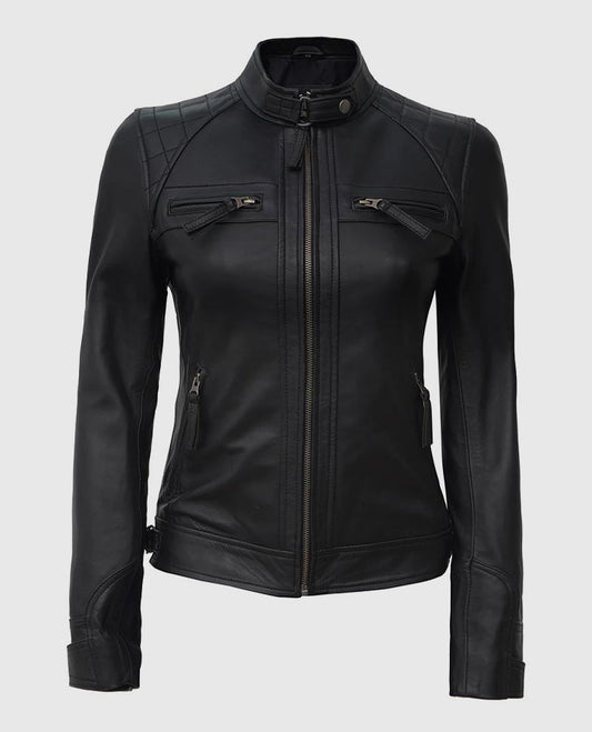 Women's Black Quilted Cafe Racer Leather Jacket
