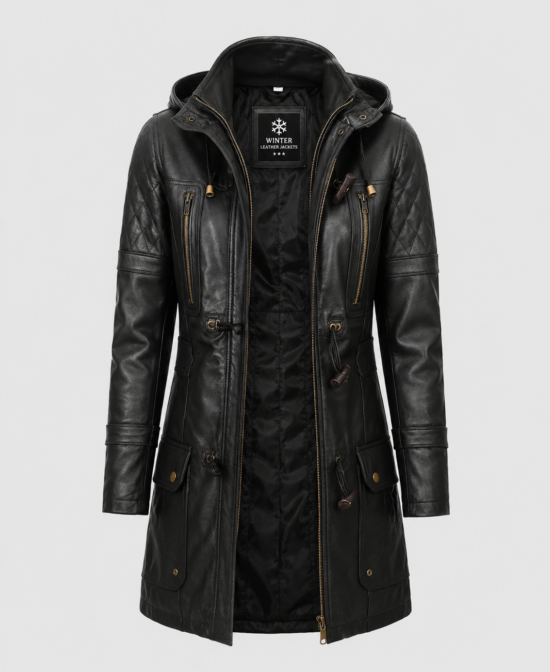 Women's Black Hooded Leather Coat