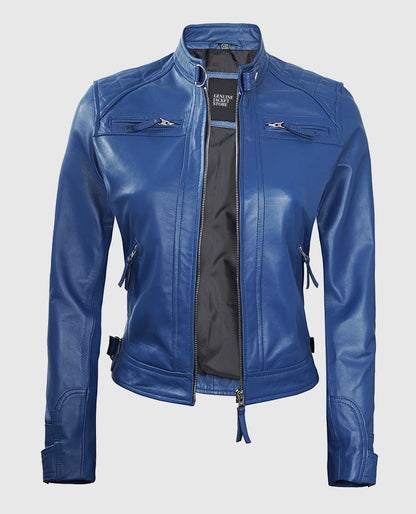 Women's Blue Diamond Cafe Racer Leather Jacket
