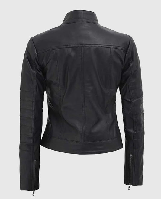 Women's Cafe Racer Black Leather Jacket with Decorated Seams
