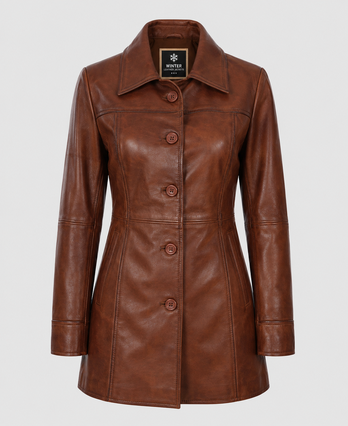 Women's Cognac Brown Leather Coat