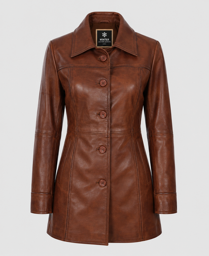 Women's Cognac Brown Leather Coat