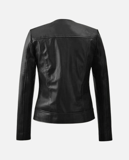 Women's Collarless Black Leather Biker Jacket