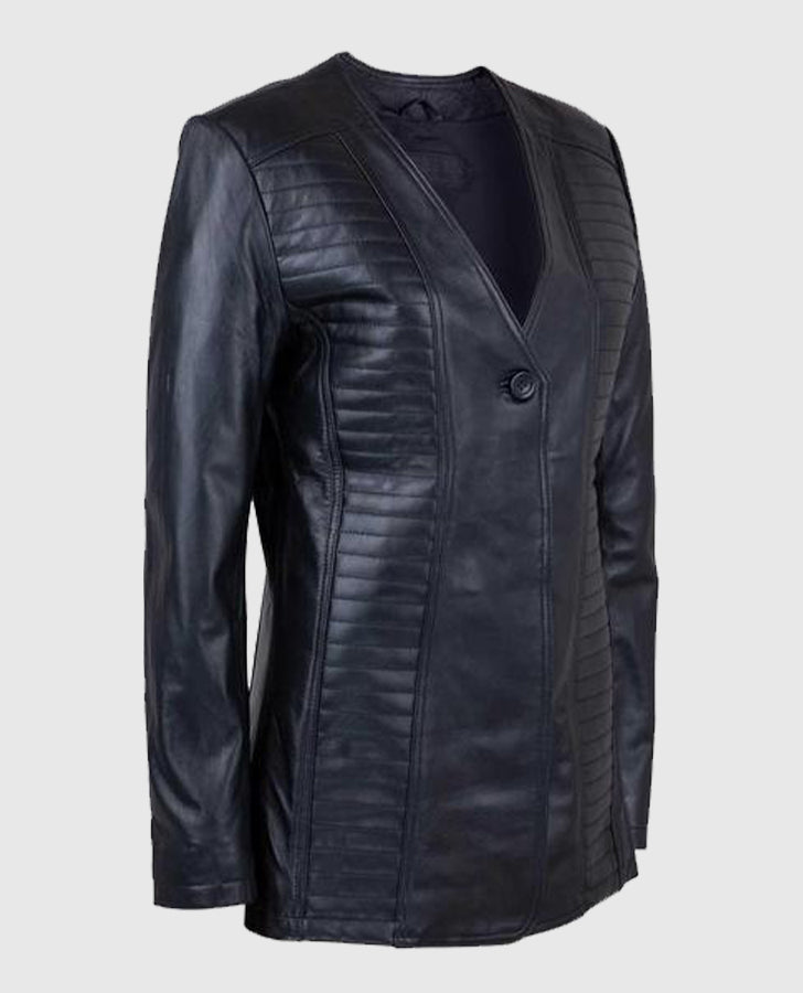 Women's Collarless Black Long Jacket