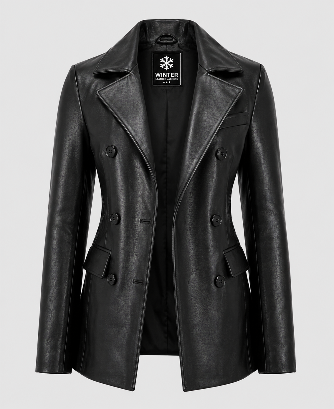 Women's Black Leather Double Breasted Blazer