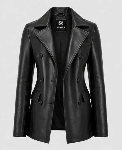 Women's Black Leather Double Breasted Blazer