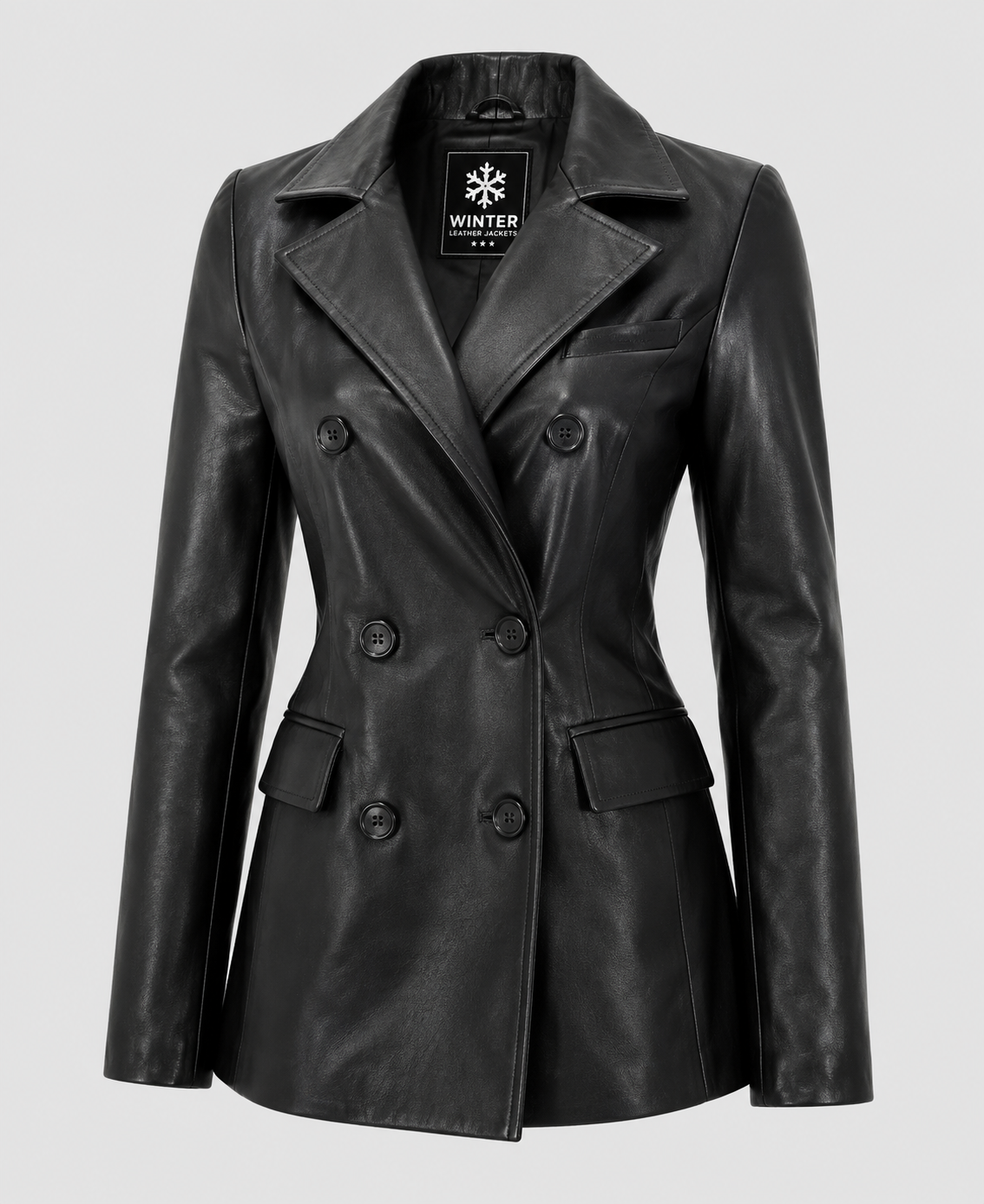 Womens Black Leather Double Breasted Blazer