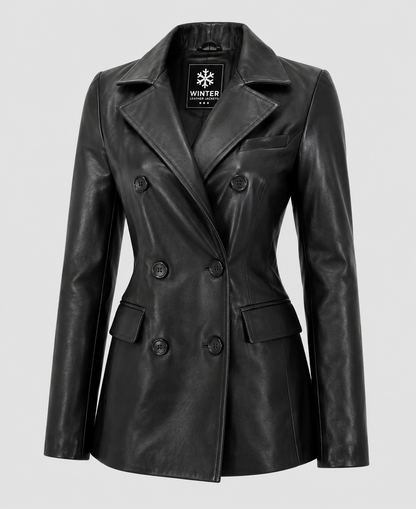 Womens Black Leather Double Breasted Blazer
