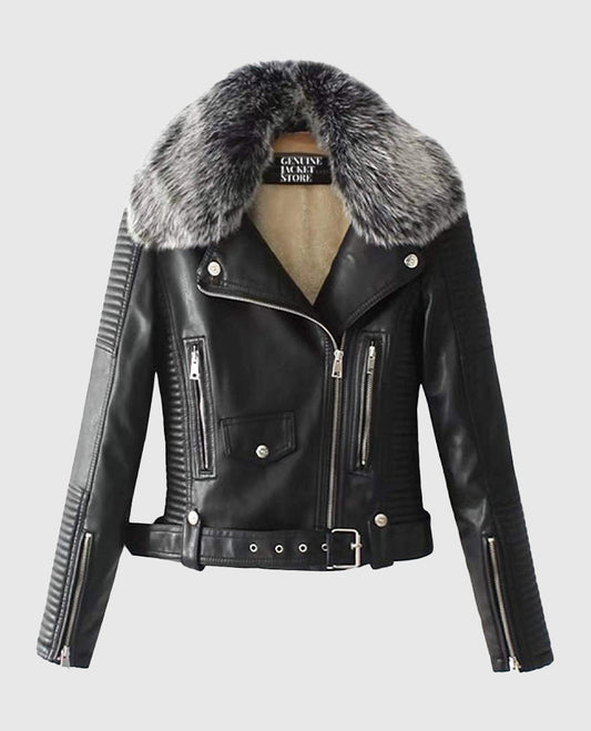Women's Faux Fur Quilted Moto Black Jacket