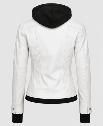 Womens White Hooded Bomber Leather Jacket