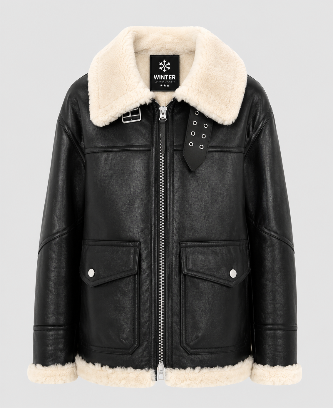 Women's Ivory Black Aviator Leather Shearling Jacket