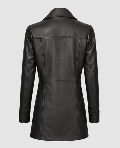 Womens Black Leather Long  Coat