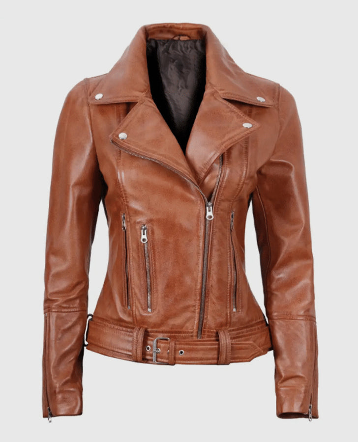 Women's Light Brown Asymmetrical Leather Biker Jacket