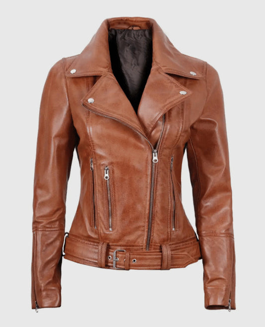 Women's Light Brown Asymmetrical Leather Biker Jacket