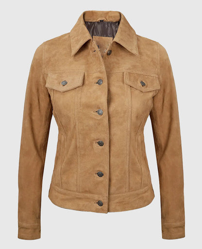 Women's Light Brown Suede Leather Trucker Jacket