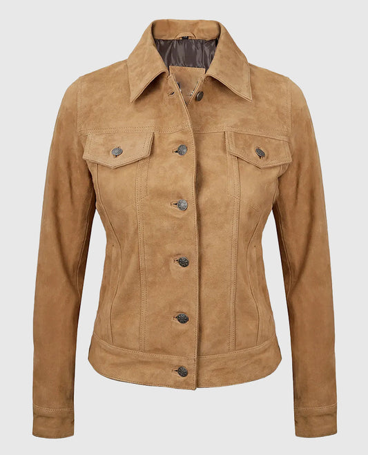 Women's Light Brown Suede Leather Trucker Jacket