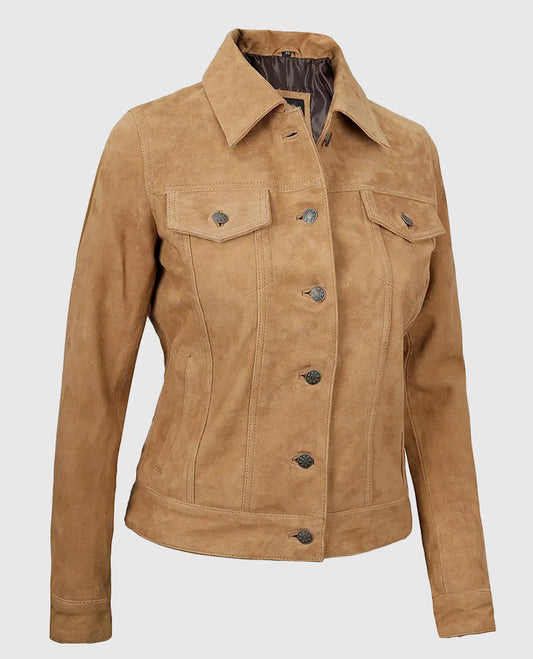 Women's Light Brown Suede Trucker Leather Jacket