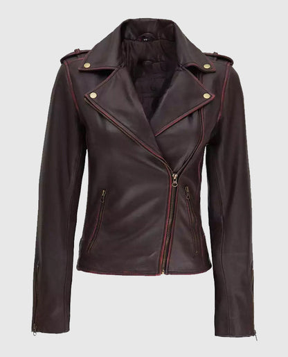 Women's Maroon Asymmetrical Leather Motorcycle Jacket
