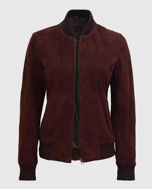 Women's Maroon Suede Leather Bomber Jacket