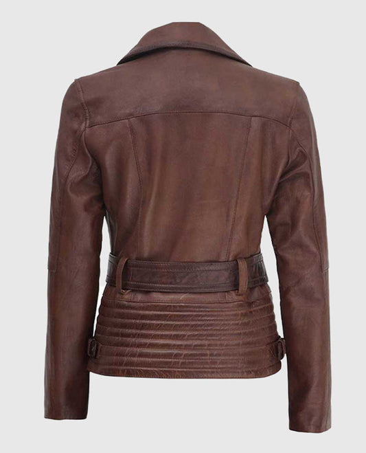Women's Quilted Asymmetrical Brown Biker Leather Jacket