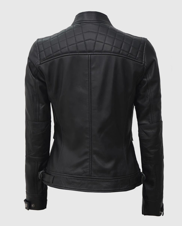 Women's Quilted Black Cafe Racer Leather Jacket