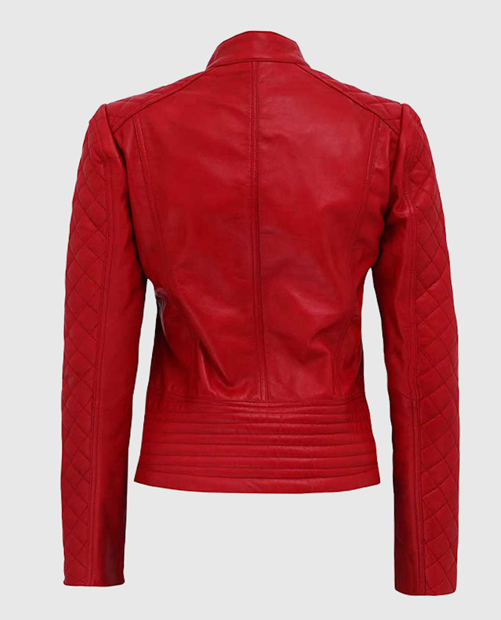 Women's  Quilted Red Biker Leather Jacket