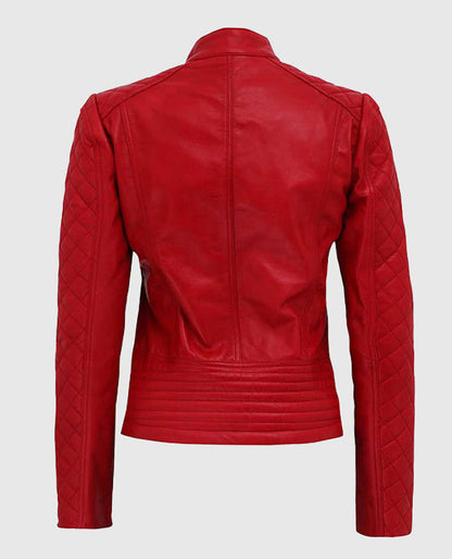 Women's  Quilted Red Biker Leather Jacket