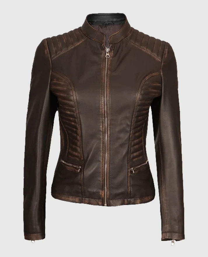 Women's Rachel Dark Brown Rub-off Cafe Racer Leather Jacket