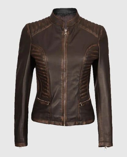 Women's Rachel Dark Brown Rub-off Cafe Racer Leather Jacket