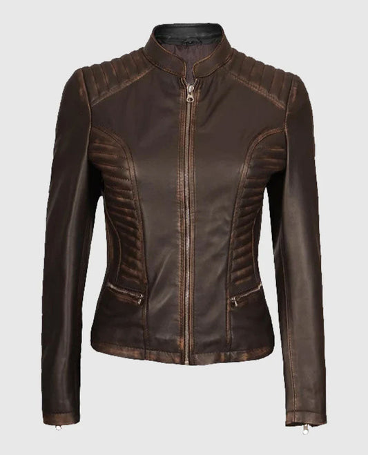 Women's Rachel Dark Brown Rub-off Cafe Racer Leather Jacket