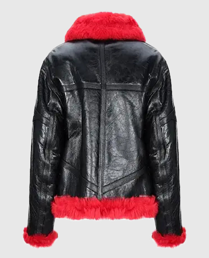 Women's Red Faux Fur Aviator Jacket 
