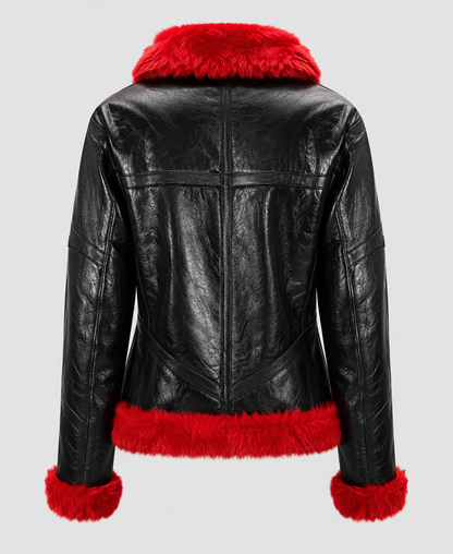 Women's Red Faux Fur Aviator Leather Jacket
