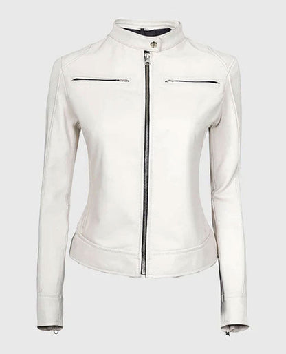Women's White Leather Cafe Racer Jacket