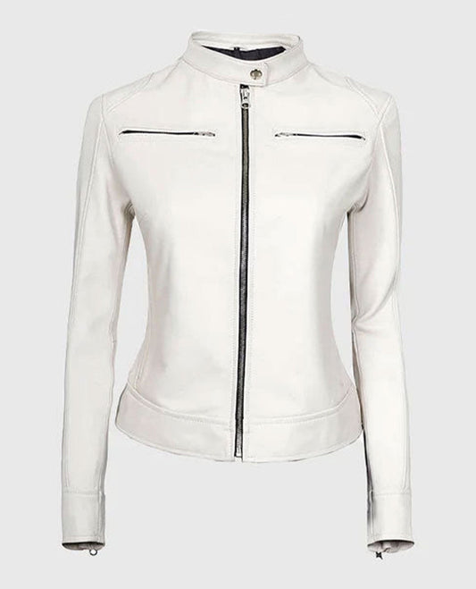 Women's White Leather Cafe Racer Jacket