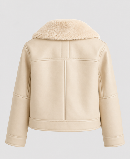 Womens White Shearling Leather Biker Jacket