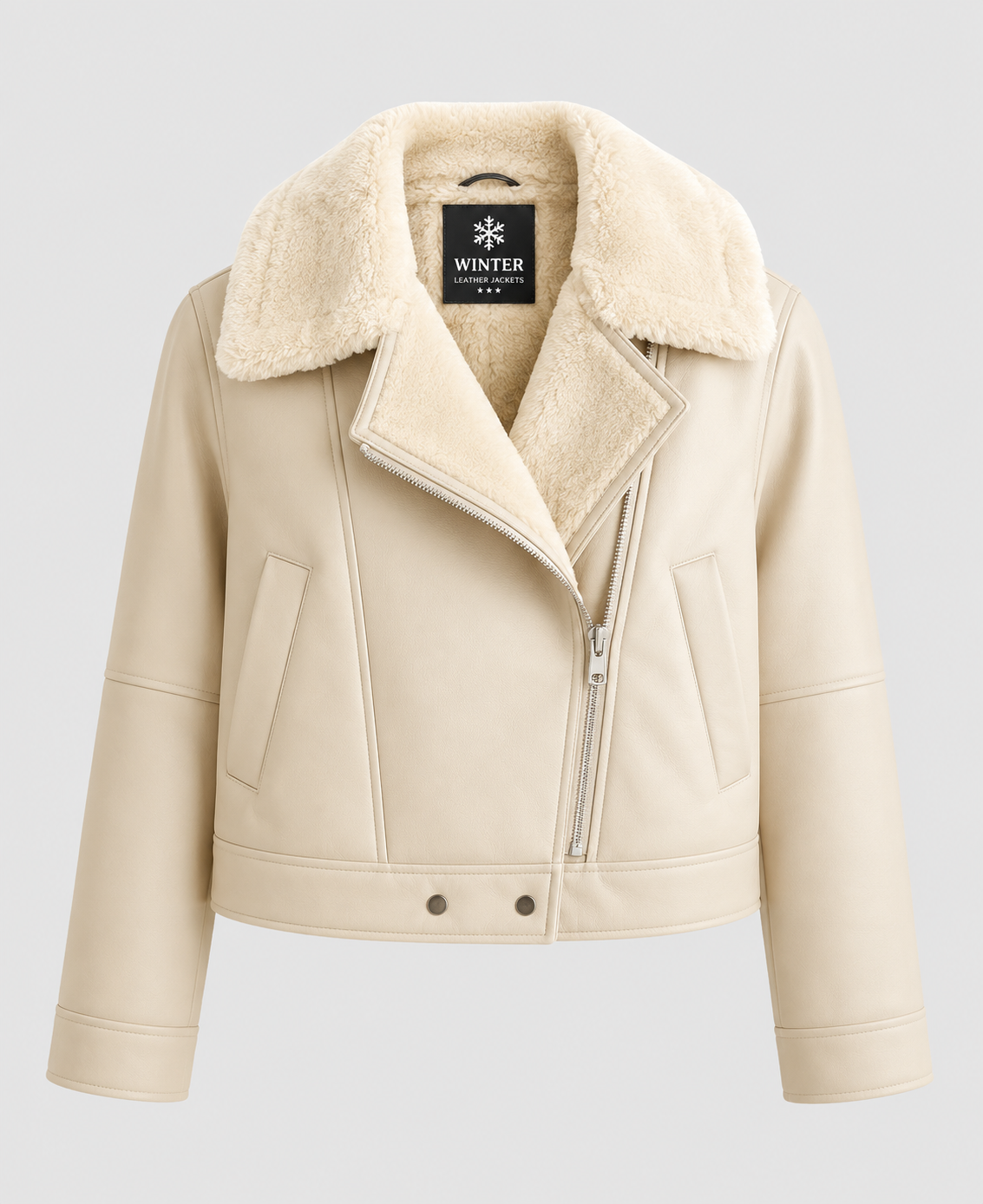 Women's White Shearling Leather Biker Jacket