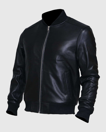 Men's Black Leather Bomber Jacket