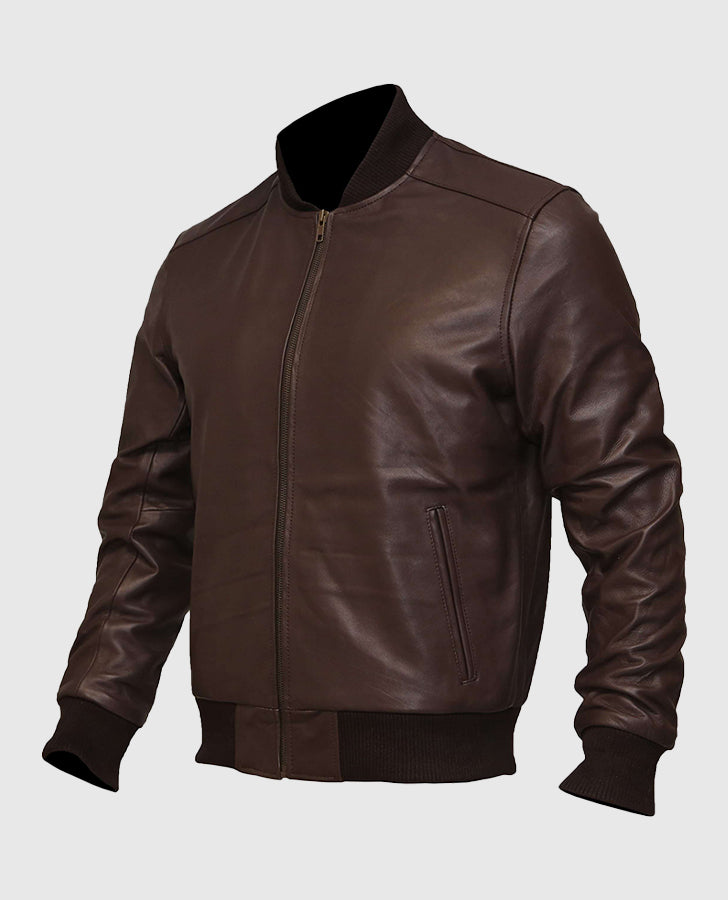 Men's Dark Brown Leather Bomber Jacket