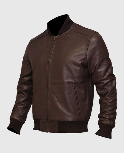 Men's Dark Brown Leather Bomber Jacket