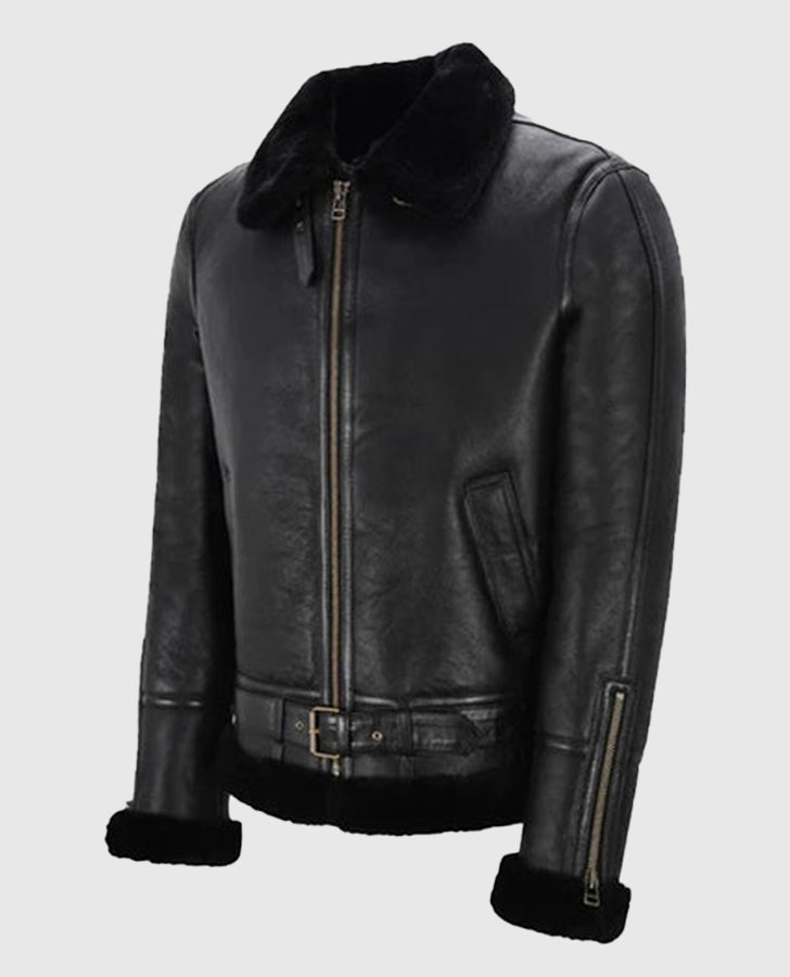 Men's Belted B3 Sheepskin Black Shearling Jacket