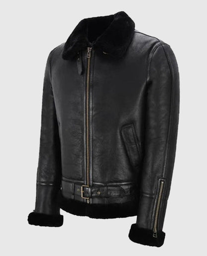 Men's Belted B3 Sheepskin Black Shearling Jacket