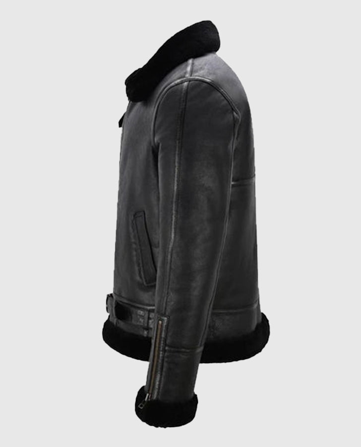 Men's Belted B3 Sheepskin Black Shearling Jacket