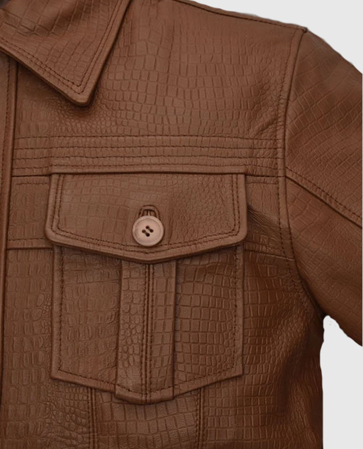 Men's  Brown Leather Trucker Jacket
