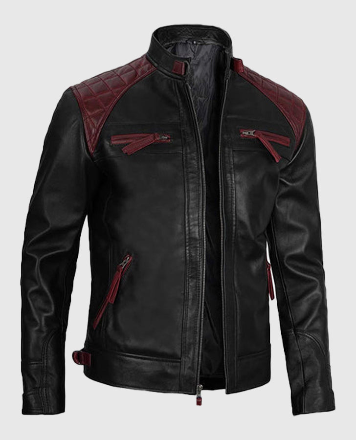 Men’s Quilted Cafe Racer Black & Maroon Leather Jacket