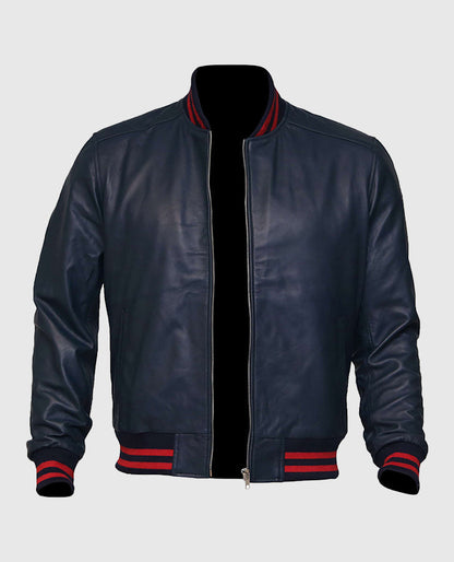 Men's Blue Leather Varsity Bomber Jacket
